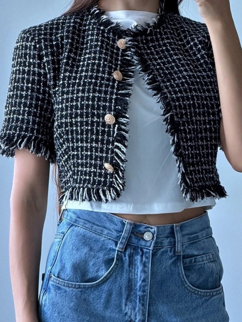 Women's Cropped Checkered Jacket in Black & White